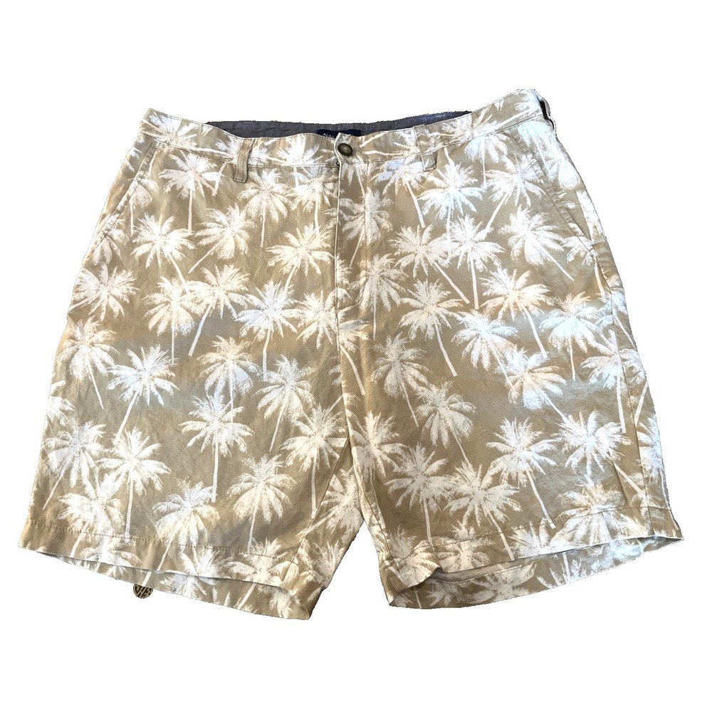 Nautica Men's Linen Cabana Shorts Palm Tree Print Flat Front Khaki White 36W